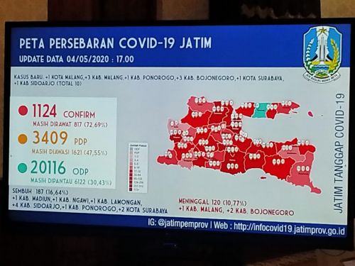 Peta persebaran covid-19 di Jatim, Senin 4 Mei 2020. 