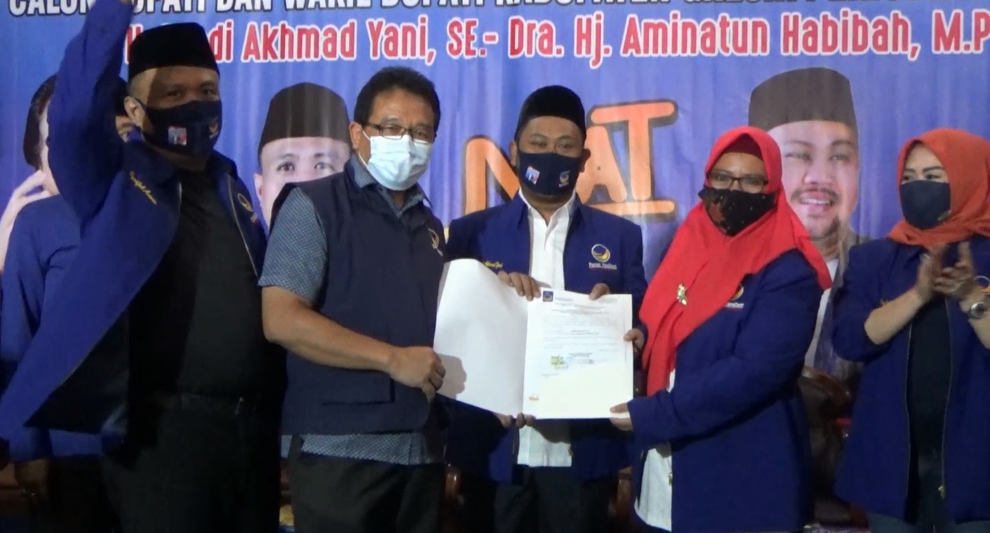 DPD Partai Nasdem Gresik  resmi mengusung pasangan Fandi Akhmad Yani dan Aminatun Habibah sebagai calon bupati dan wakil bupati Gresik. (Foto / Metro TV) 