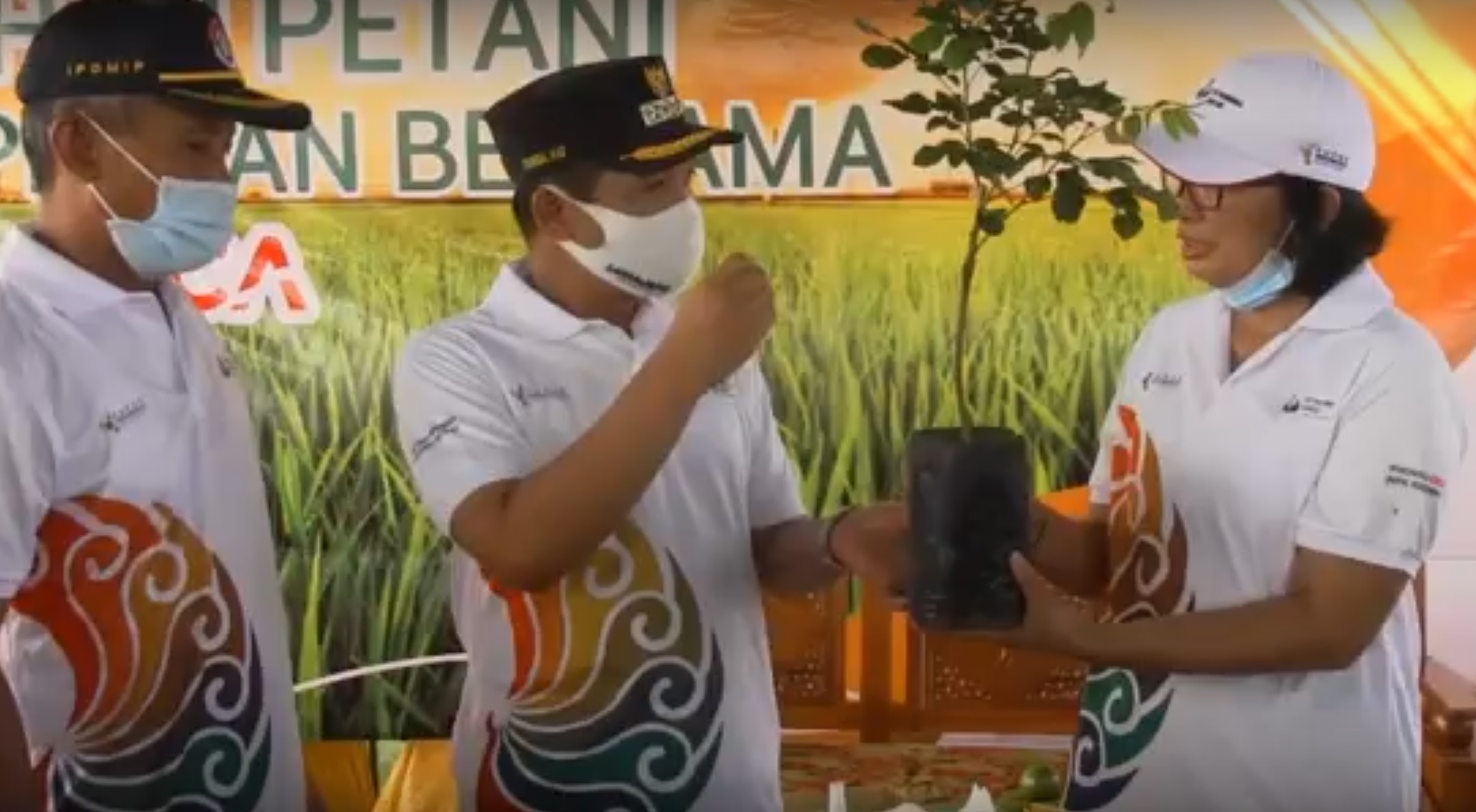 Bupati Lumajang Thoriqul Haq memberikan cinderamata bibit kelengkeng pada Petrokimia Gresik. (foto/metrotv) 