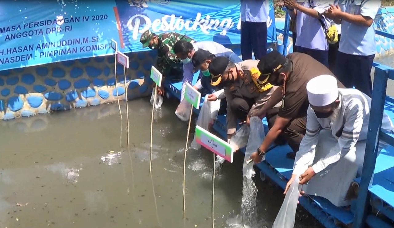 Ribuan benih ikan ditebar  di sumber mata air sentong, Kota Probolinggo. (foto/metrotv)