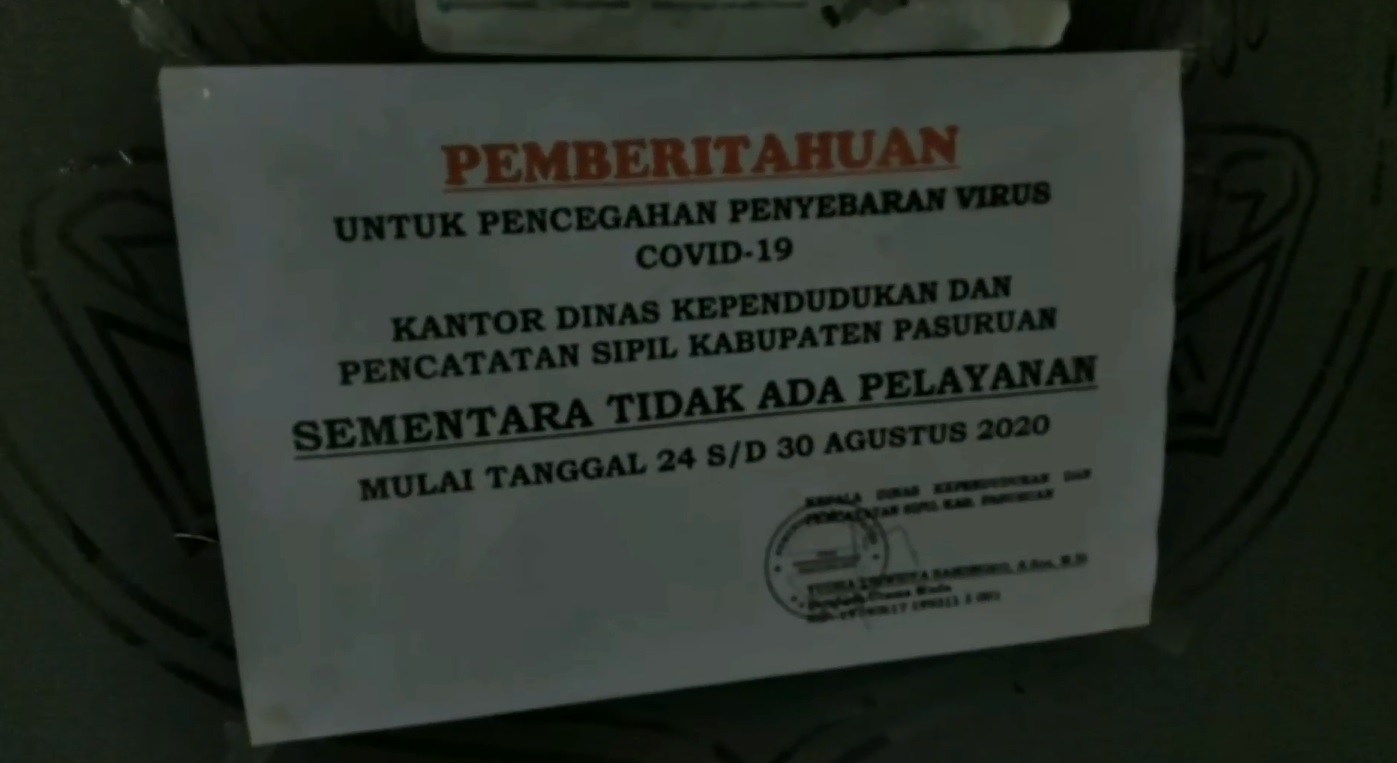 Dispendukcapil Pasuruan memperpanjang penutupan aktifitas setelah 17 pegawainya positif covid-19 (Foto / Metro TV) 