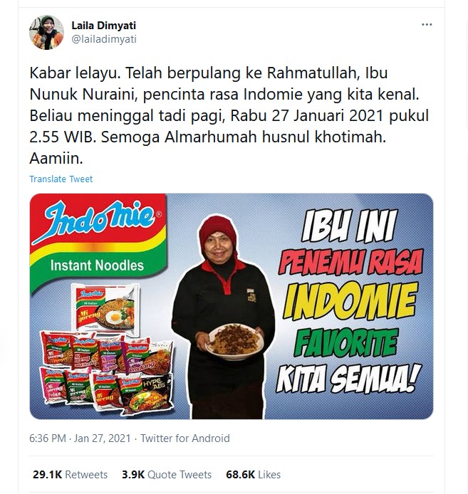 Nunuk Nuraini, Sosok Peracik Bumbu Indomie Meninggal Dunia