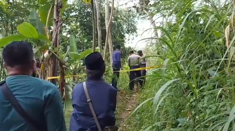 Polisi melakukan olah TKP di lokasi penemuan Jumanis yang tewas di kebun (Foto / Metro TV)