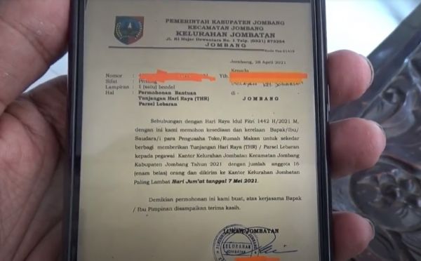 Viral, Pejabat Kelurahan di Jombang Terbitkan Surat Minta THR Pengusaha
