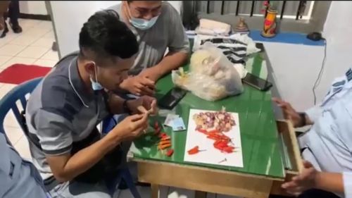 Petugas Lapas Jombang memeriksa cabai yang terdapat sabu (Foto / Metro TV) 