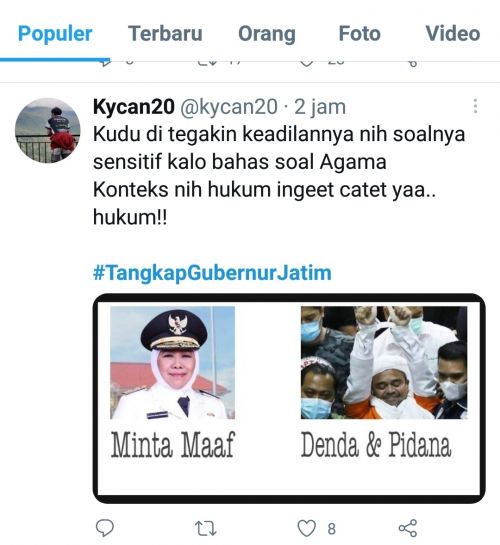 Salah satu cuitan di twitter dengan hastag tangkap gubernur Jatim. 