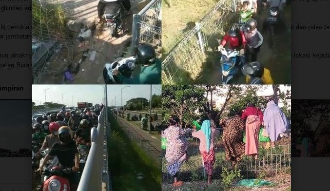 Tangkapan video detik-detik pengendara menjebol pagar Jembatan Suramadu untuk menghindari tes swab (Foto / Istimewa)