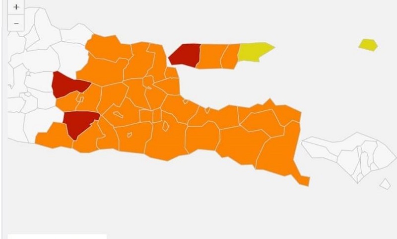 Peta persebaran covid Jatim tercatat 3 daerah berstatus zona merah (Foto / Istimewa)