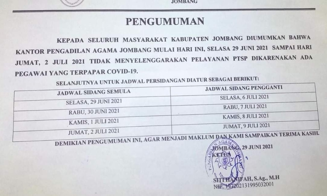 Pengumuman penutupan kantor PA Jombang akibat pegawai terpapar covid (Foto / Metro TV)