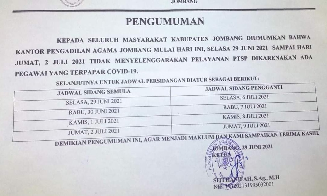 Pegawai Terpapar Covid-19, Kantor PA Jombang Tutup Sepekan