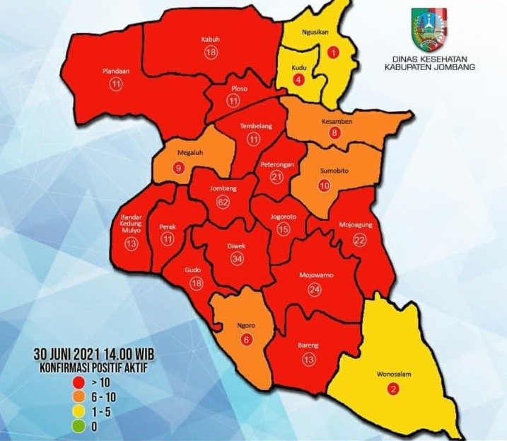 Penyebaran zona merah dan kuning di Jombang (Foto / Ist)