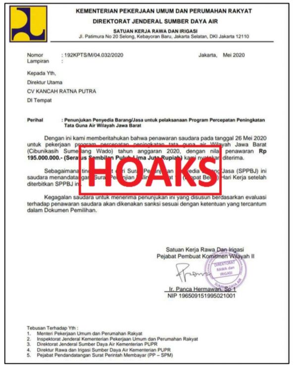 Hoaks! Surat Kontrak Kerja BPWS Brantas Terkait P3-TGAI