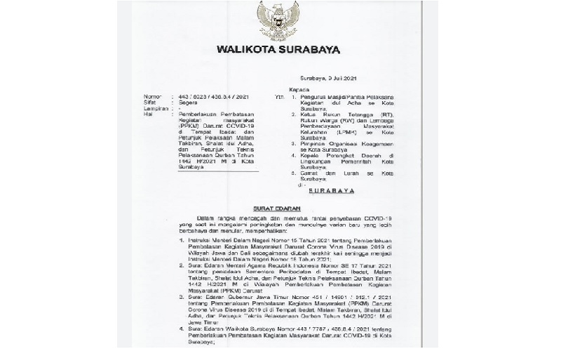 Surat Edaran Walikota Surabaya terkait pelaksanaan Idul Adha (Foto / Istimewa)