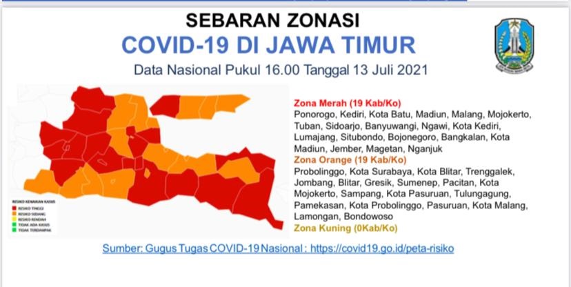 Peta sebaran covid-19 di Jatim