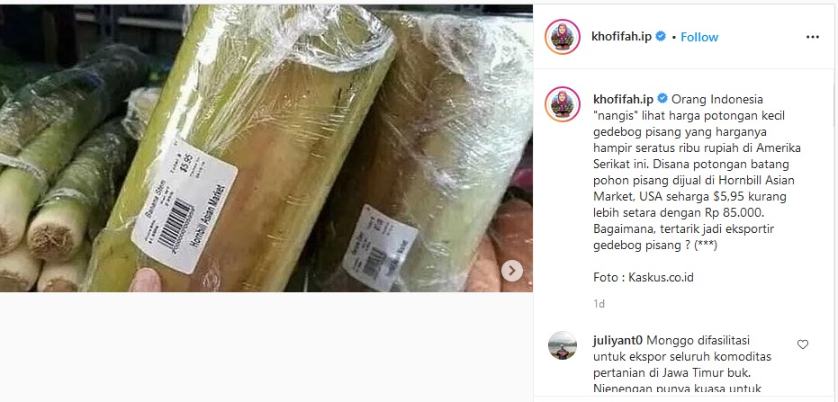 Batang pisang dijual di Amerika (Foto / Instagram Khofifah)