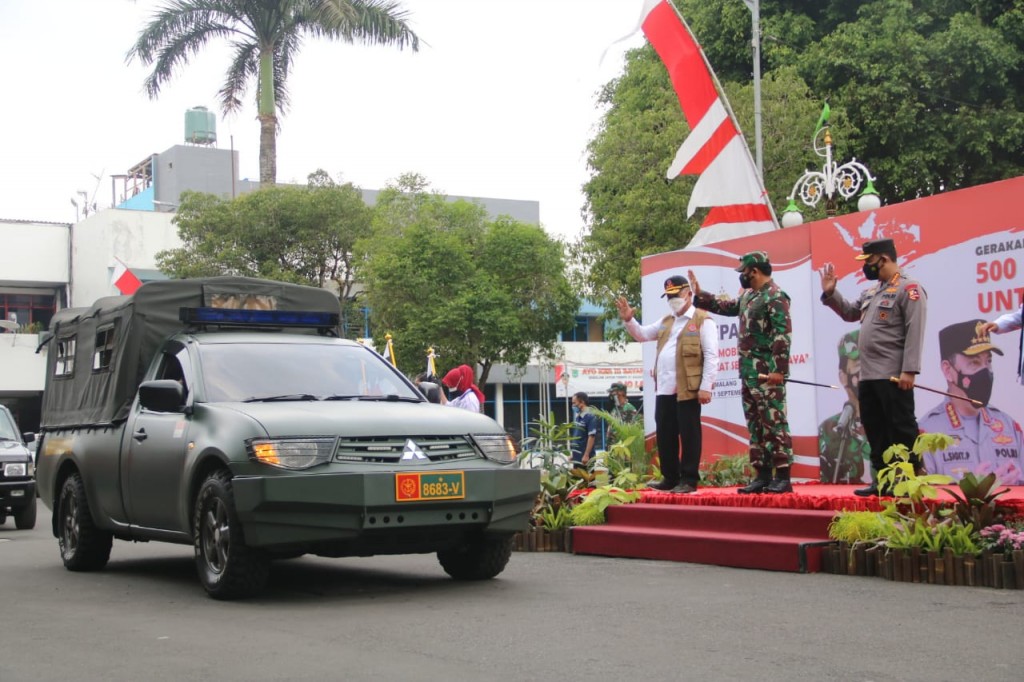 Panglima TNI Marsekal TNI Hadi Tjahjanto bersama Kapolri Jenderal Pol Listyo Sigit Probowo beserta Forkopimda Jatim dan Forkopimda Kabupaten Malang meresmikan peluncuran Gerakan Mobil Masker untuk seluruh kabupaten/kota di wilayah Malang Raya.