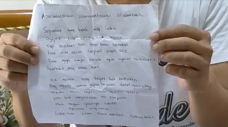 Surat permohonan maaf yang ditulis pelaku pencurian kepada korban (Foto / Metro TV)