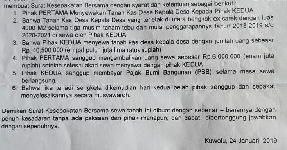 Surat perjanjian sewa tanah yang dilakukan oknum kades dijadikan bukti penyelidikan polisi (Foto / istimewa)