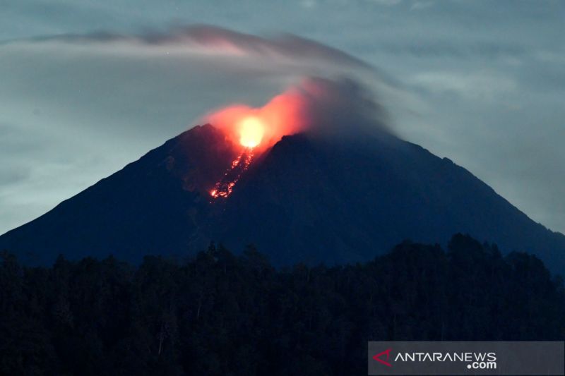 Lava pijar keluar Gunung Semeru saat dipotret dari kawasan Kampung Renteng, Kecamatan Candipuro, Kabupaten Lumajang, Senin (6/12/2021). (ANTARA/Zabur Karuru)