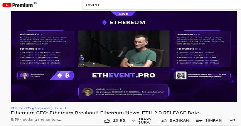 YouTube BNPB Kena Hack, Siarkan Live Kripto Ethereum