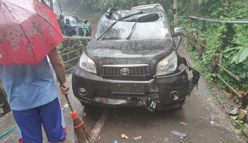 Kondisi kabin mobil Toyota Rush hancur setelah tertimpa pohon (Foto / Metro TV)