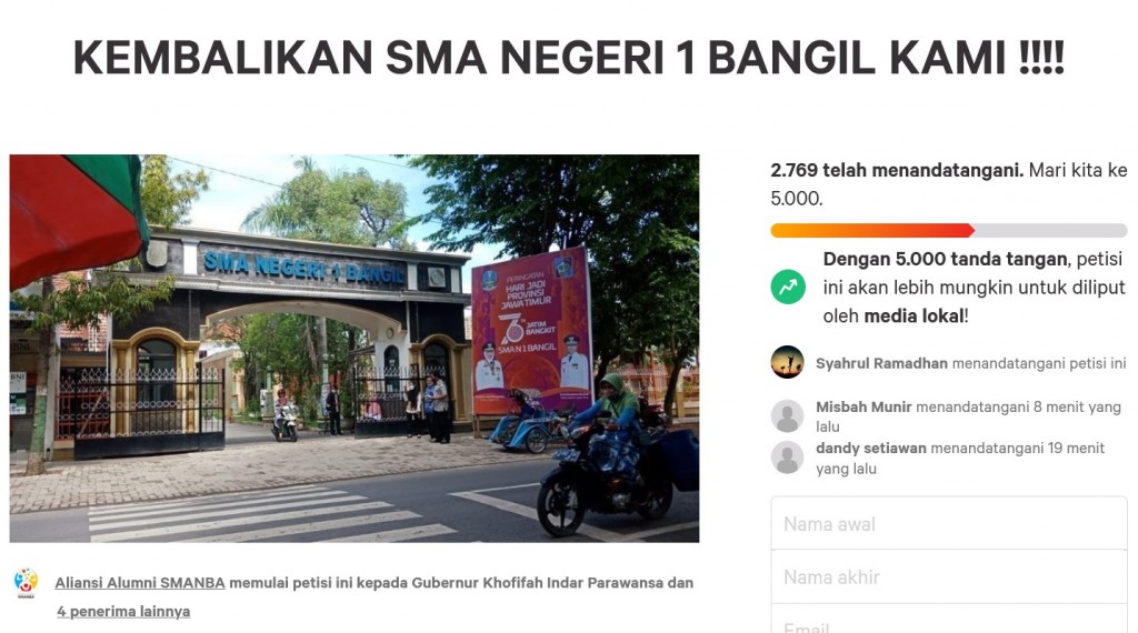 Ramai Petisi Protes Perubahan SMAN 1 Bangil Jadi SMAN 1 Taruna Madani Jatim, Ini Poin-poinya (change.org)