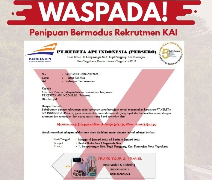 Waspada Penipuan! Rekrutmen Palsu Mengatasnamakan PT KAI