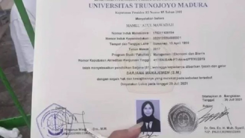 Ijazah korban Mamlu'atul Mawaddah (Foto / Metro TV)