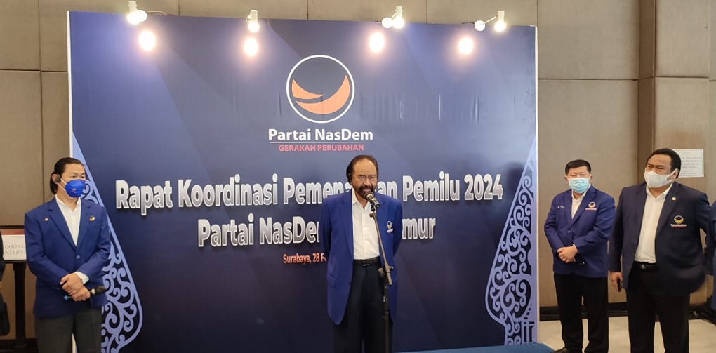 Ketum Partai NasDem Surya Paloh, saat konferensi pers jelang Rakor Pemenangan Pemilu NasDem Jatim di Surabaya, Senin, 28 Februari 2022. Medcom.id/Amaluddin