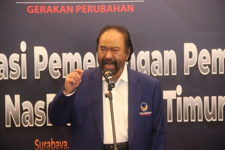 Ketua Umum Partai NasDem Surya Paloh di Rapat Koordinasi Pemenangan Pemilu 2024 di Surabaya, Senin (28/2/2022). 