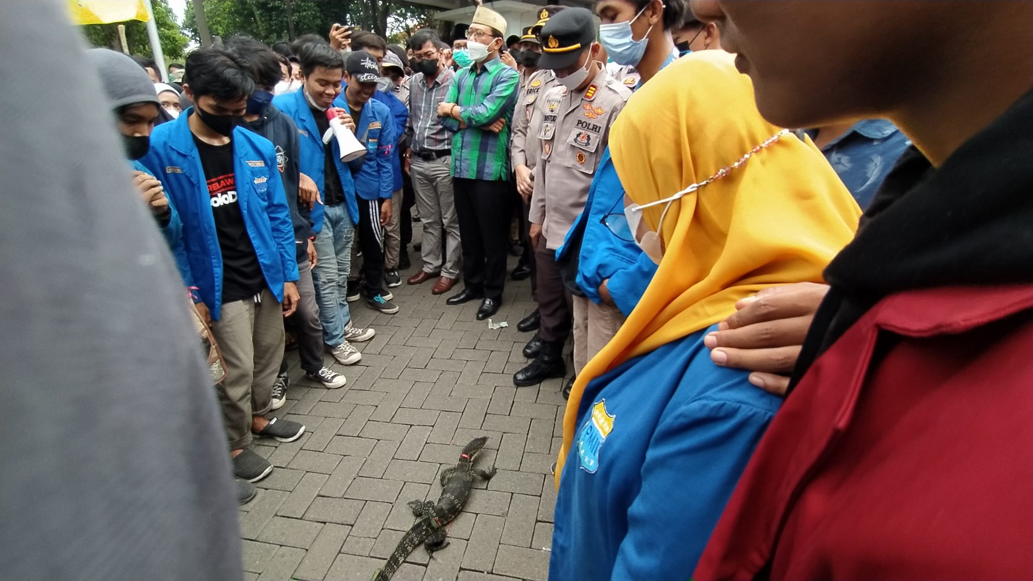 Pendemo bawa biawak di depan Kantor DPRD Pasuruan (Foto / Istimewa)