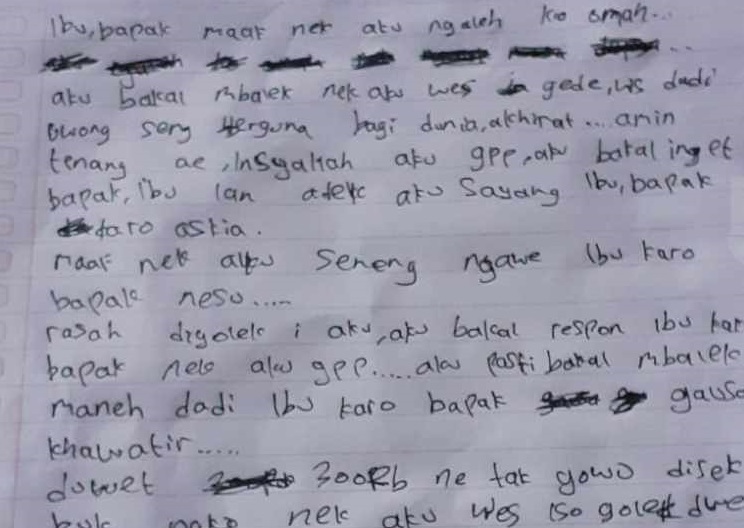 Surat yang ditinggalkan siswi SMP Ngawi sebelum meninggalkan rumah (Foto / Istimewa)