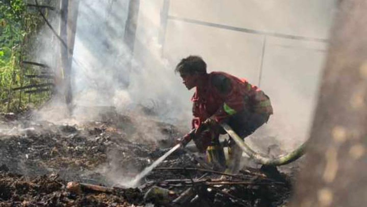 Petugas tengah memadamkan api yang membakar kandang ayam di Bojonegoro (Foto / Metro TV)