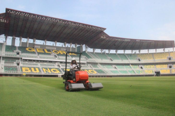 Perawatan rumput Stadion GBT Surabaya/antara