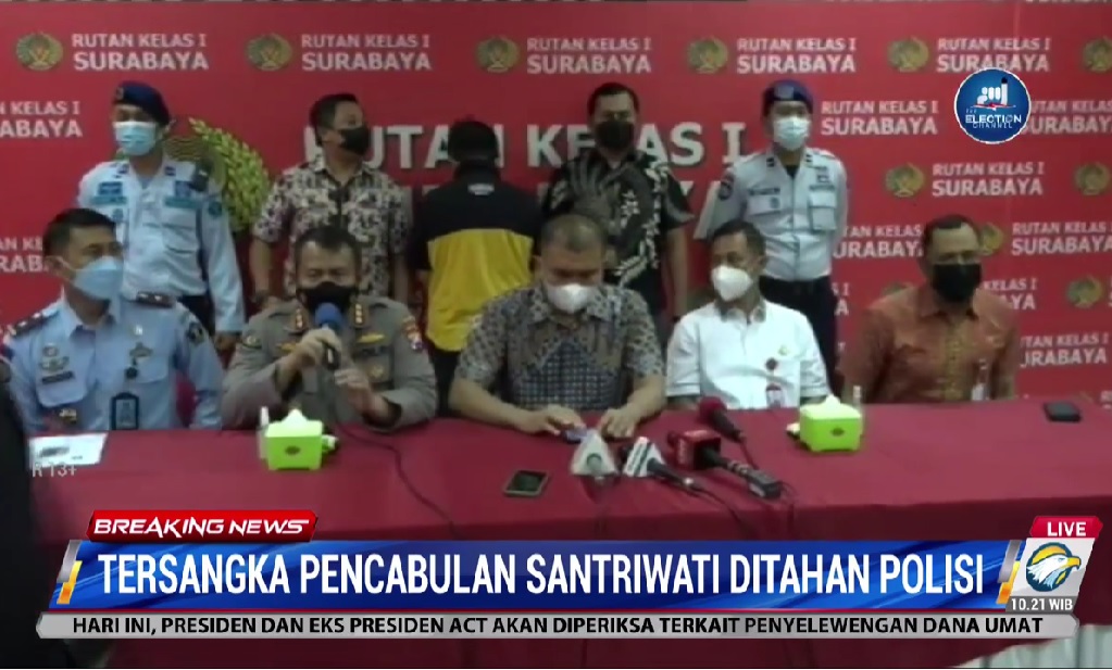 Konferensi pers kasus pencabulan santriwati dengan tersangka MSAT di Rutan Madaeng Sidoarjo. Metro TV