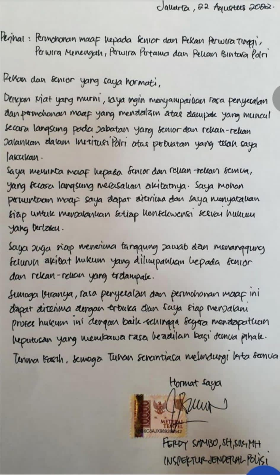 Isi Surat  Ferdy Sambo, Siap Tanggung Hukuman Semua Rekannya!