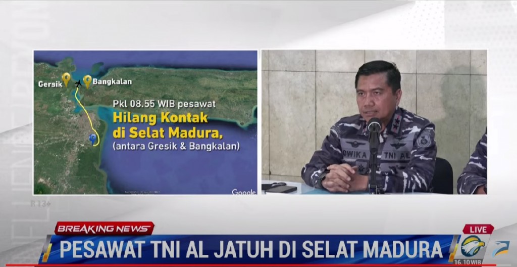 Pesawat Latih TNI AL Jatuh di Selat Madura, 2 Penerbang Belum Ditemukan