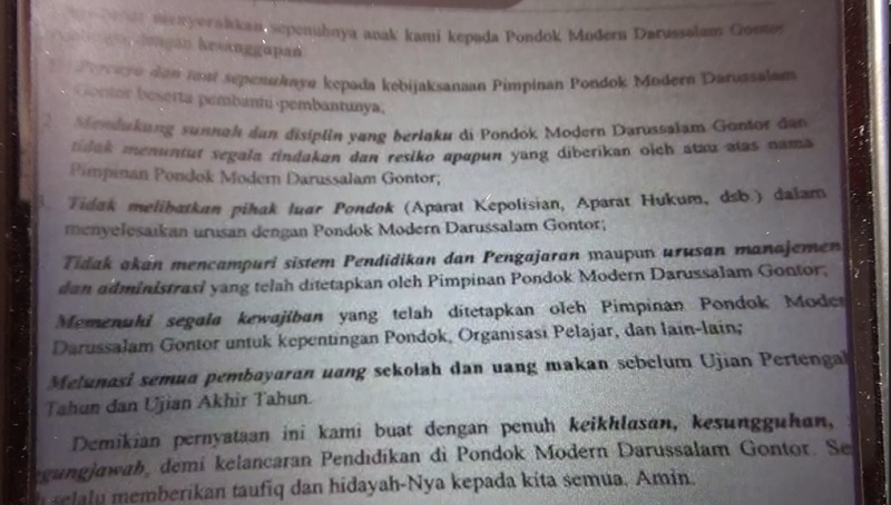 Surat Perjanjian Tak Lapor Polisi bila Terjadi Sesuatu pada Santri Gontor Tersebar di Medsos