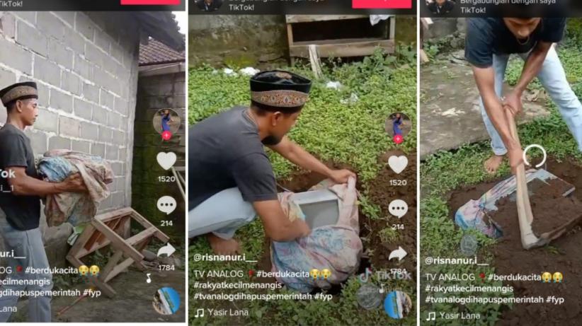 Tangkapa  layar detik-detik seorang bapak mengubur TV analagnya (Foto / Istimewa)