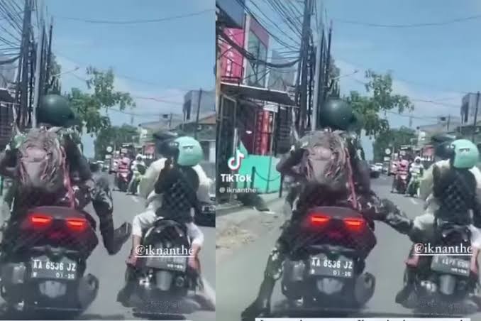 video seorang pria berseragam TNI melakukan aksi menendang motor seorang ibu yang sedang bonceng anaknya/ist