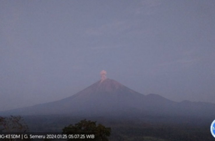 Gunung Semeru erupsi yang terpantau dari Pos Pengamatan Gunung Semeru di Gunung Sawur, Kabupaten Lumajang pada Kamis (25/1/2024) pukul 05.06 WIB. (ANTARA/HO-PVMBG)