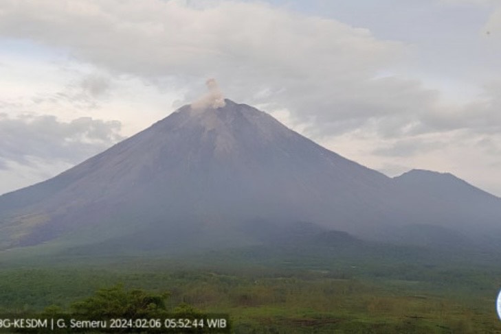 Kolom abu vulkanik membumbung dari puncak Gunung Semeru yang terpantau dari pos pengamatan di Gunung Sawur, Kabupaten Lumajang, Jawa Timur, Selasa (6/2/2024). (ANTARA/HO-PVMBG)