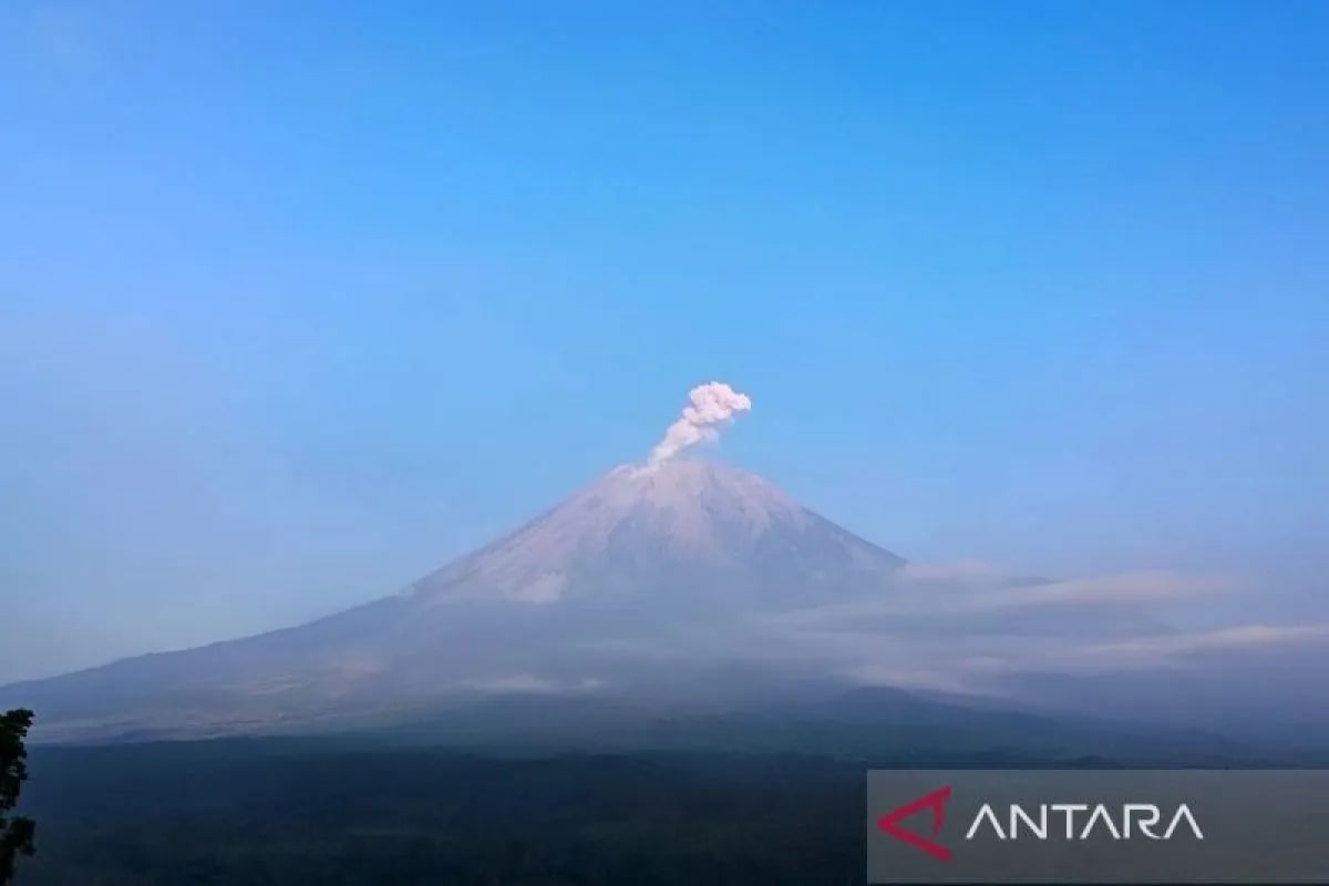 Gunung Semeru erupsi yang terpantau dari pos pengamatan gunung api di Gunung Sawur, Kabupaten Lumajang, Jawa Timur. ANTARA/HO-PVMBG/am.