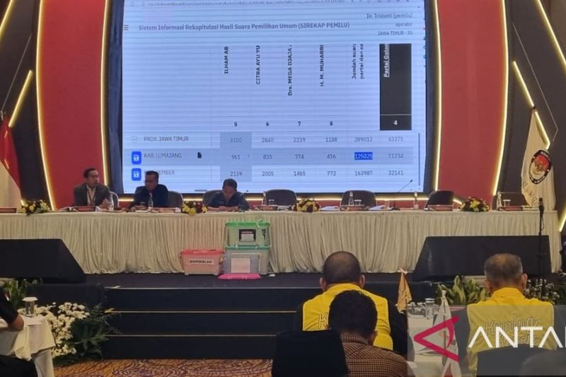 Pelaksanaan rapat pleno terbuka rekapitulasi hasil penghitungan suara Pemilu 2024 yang digelar KPU Jawa Timur, di Surabaya, Kamis, 7 Maret 2024. Antara/Ananto Pradana.