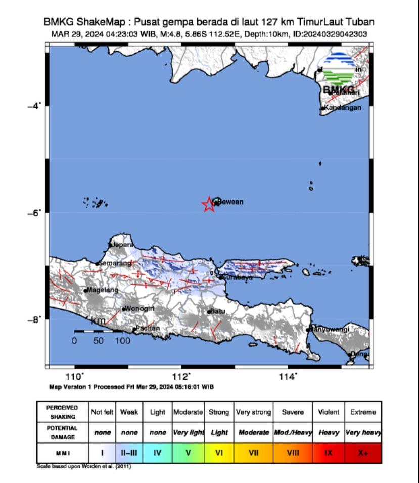 Gempa kembali guncang Tuban Jawa, Timur pada  Jumat, 29 Maret 2024 pagi. foto dari akun resmi X BMKG.