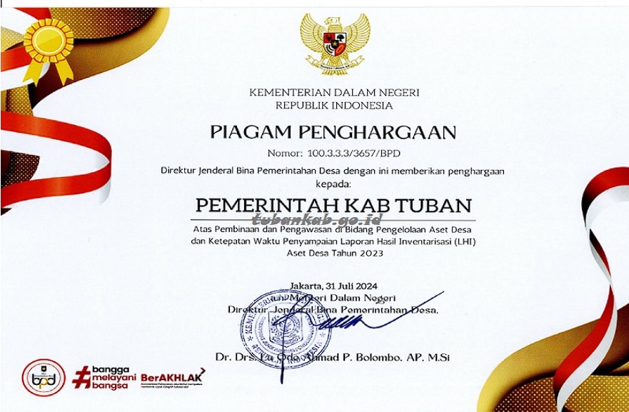 Pemkab Tuban Raih Penghargaan Dari Kemendagri Bidang Pembinaan Aset Desa